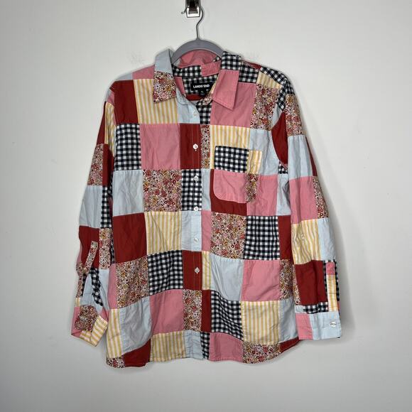 Lands' End Shirt Womens XL 18 Patchwork Gingham Floral Button Down Long Sleeve - Picture 1 of 12